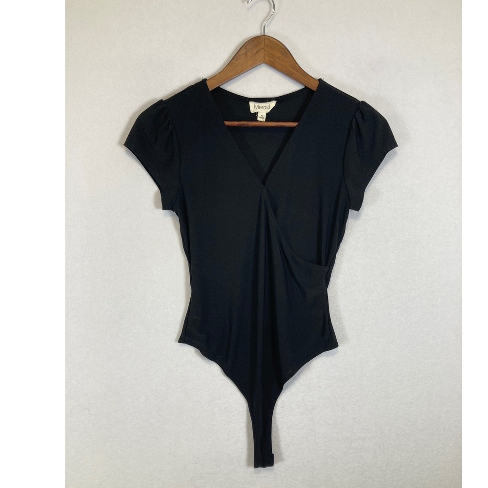 Minimalist Chic Meraki Women XS Black Surplice‎ V-Neck Puff Sleeve Bodysuit